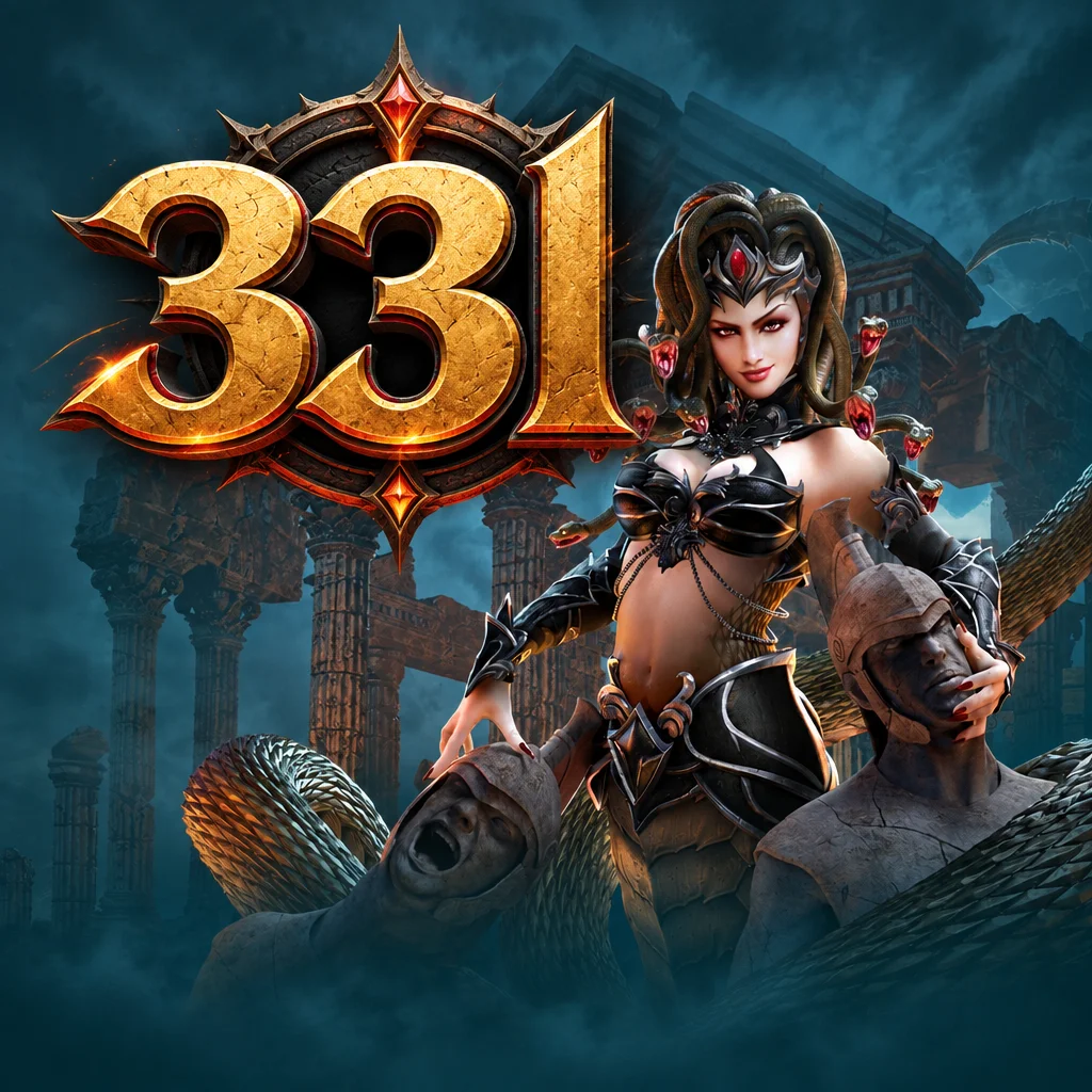 Karakter mitologi Medusa berambut ular dengan nuansa kuil kuno bersama logo 33l