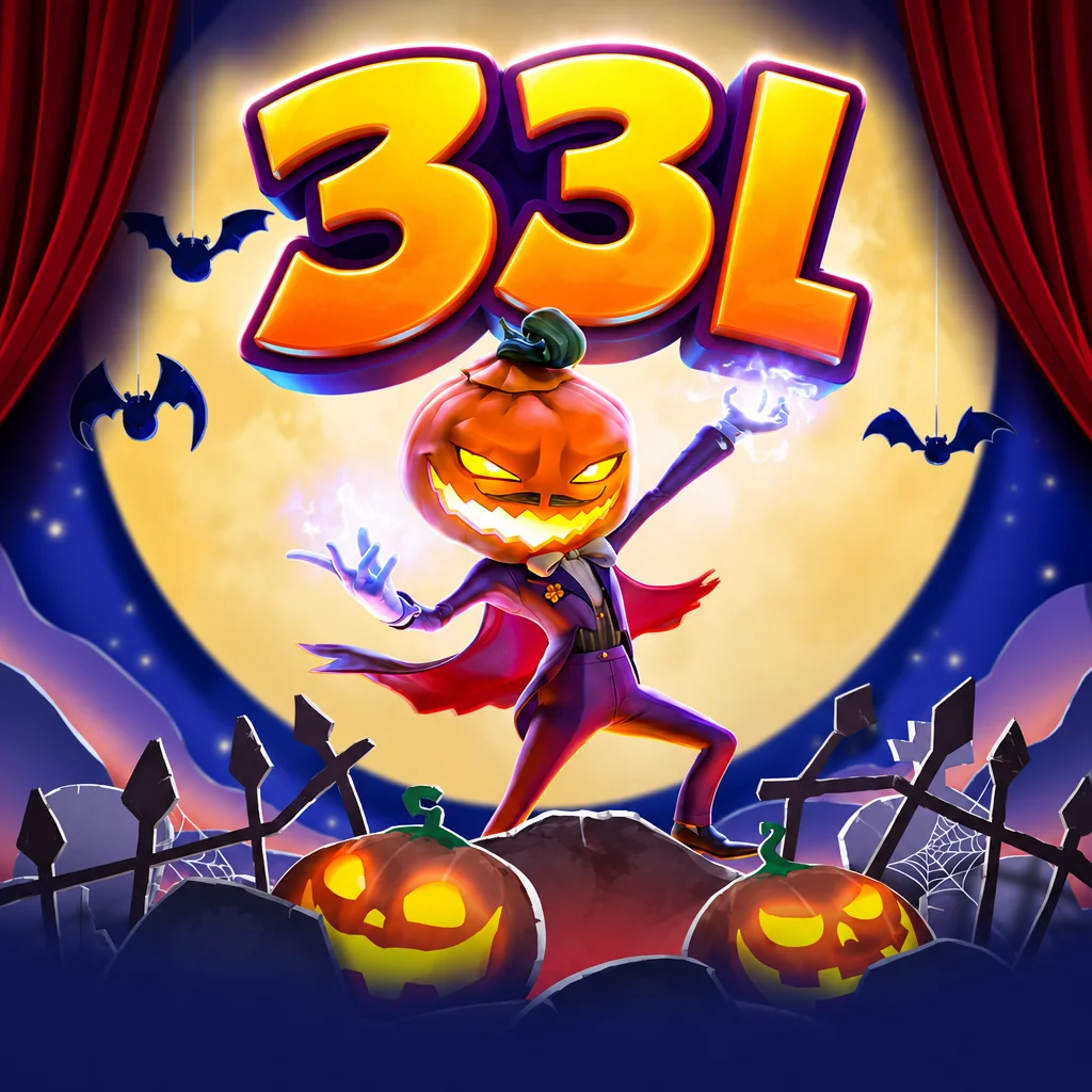 Karakter berkepala labu Halloween dengan latar bulan purnama dan logo 33l